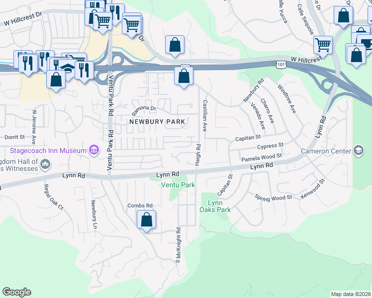 map of restaurants, bars, coffee shops, grocery stores, and more near 1072 Pan Court in Thousand Oaks