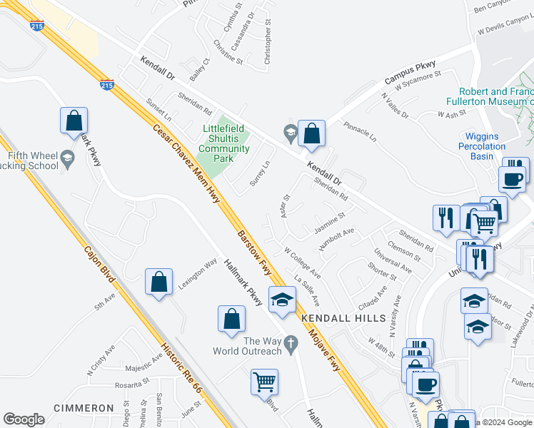 map of restaurants, bars, coffee shops, grocery stores, and more near 3161 West College Avenue in San Bernardino