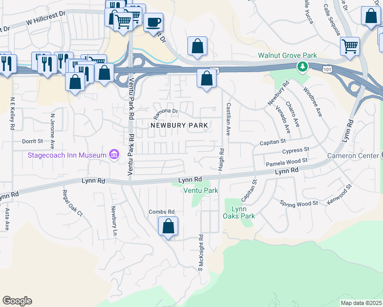 map of restaurants, bars, coffee shops, grocery stores, and more near 1180 Pan Court in Thousand Oaks
