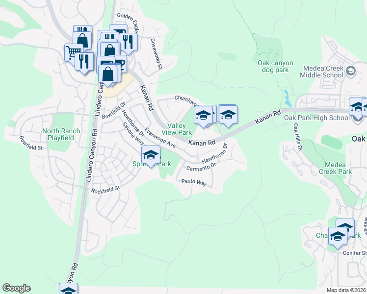 map of restaurants, bars, coffee shops, grocery stores, and more near 5235 Evanwood Avenue in Oak Park