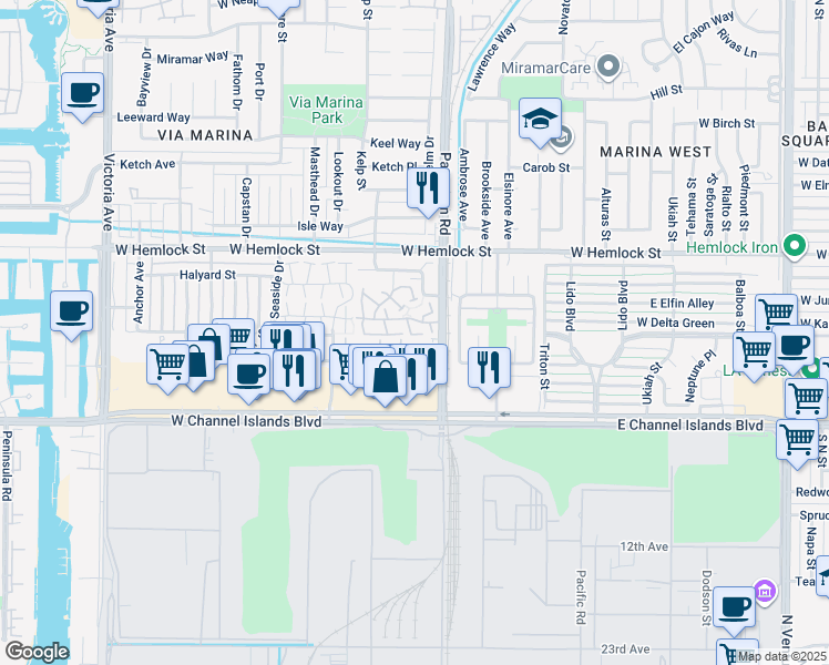 map of restaurants, bars, coffee shops, grocery stores, and more near 438 Las Palomas Drive in Port Hueneme