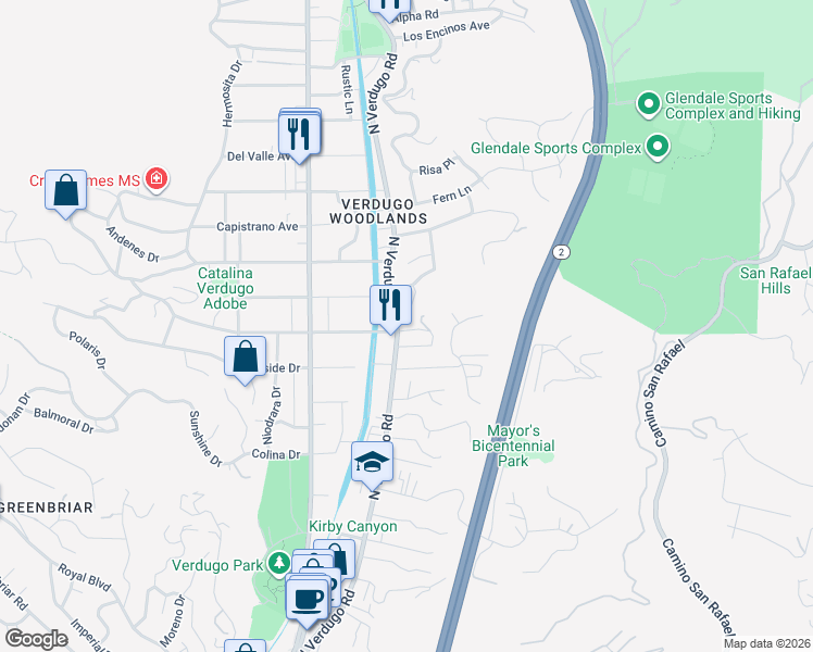 map of restaurants, bars, coffee shops, grocery stores, and more near 2108 North Verdugo Road in Glendale