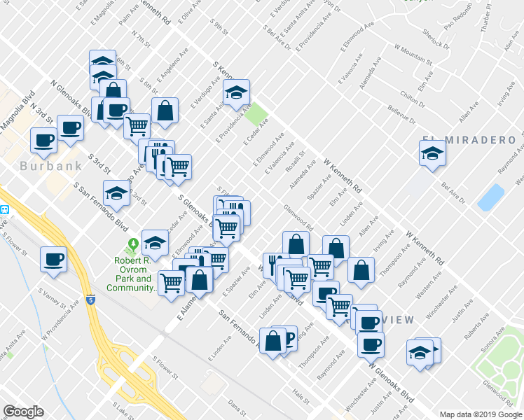 map of restaurants, bars, coffee shops, grocery stores, and more near 526 East Valencia Avenue in Burbank