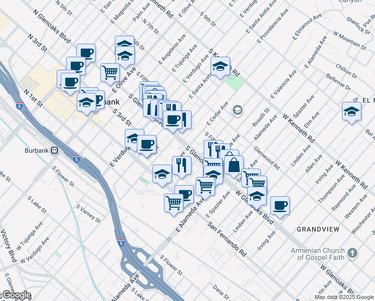 map of restaurants, bars, coffee shops, grocery stores, and more near 607 East Cedar Avenue in Burbank