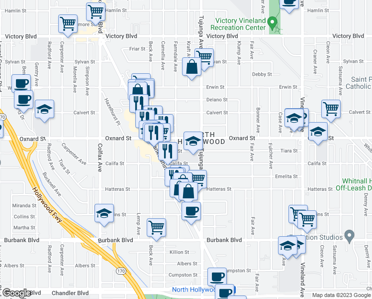 map of restaurants, bars, coffee shops, grocery stores, and more near 11421 Tiara Street in Los Angeles