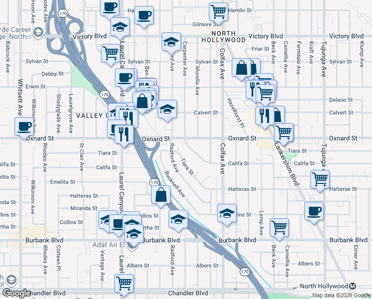 map of restaurants, bars, coffee shops, grocery stores, and more near 5962 Carpenter Avenue in Los Angeles
