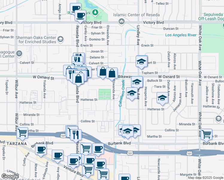 map of restaurants, bars, coffee shops, grocery stores, and more near 6023 Etiwanda Avenue in Los Angeles