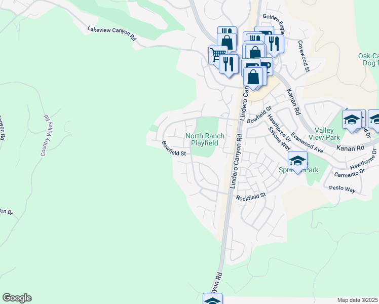 map of restaurants, bars, coffee shops, grocery stores, and more near 910 Misty Canyon Avenue in Westlake Village