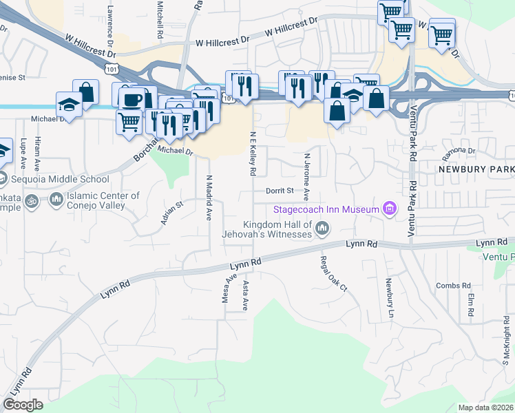 map of restaurants, bars, coffee shops, grocery stores, and more near 29 Lynn Road in Thousand Oaks
