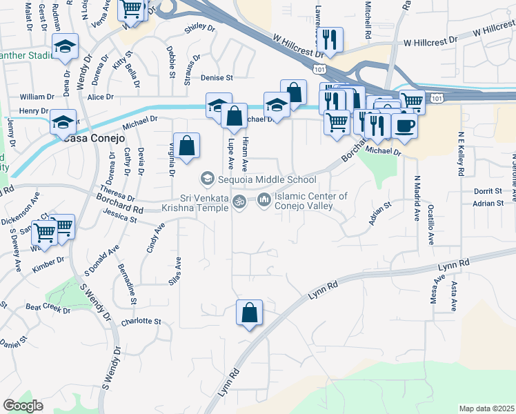 map of restaurants, bars, coffee shops, grocery stores, and more near 2716 Borchard Road in Thousand Oaks