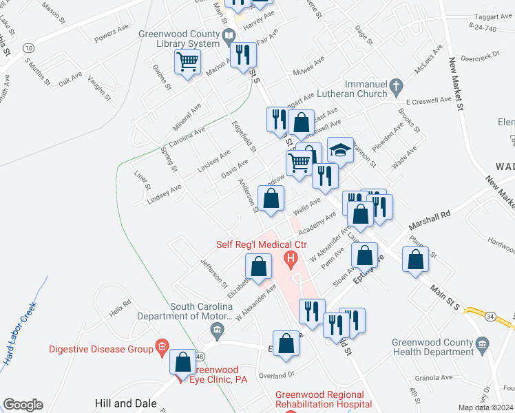 map of restaurants, bars, coffee shops, grocery stores, and more near 1109 Anderson Street in Greenwood