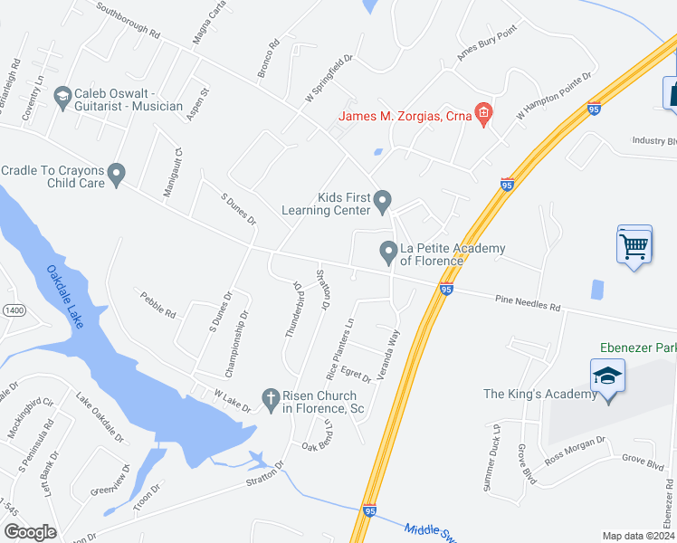 map of restaurants, bars, coffee shops, grocery stores, and more near 3610 Pine Needles Road in Florence