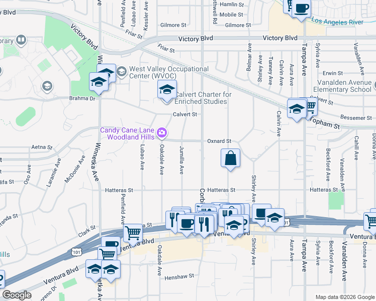 map of restaurants, bars, coffee shops, grocery stores, and more near 5938 Jumilla Avenue in Los Angeles