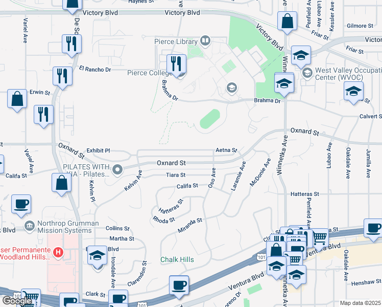 map of restaurants, bars, coffee shops, grocery stores, and more near 20457 Aetna Street in Los Angeles