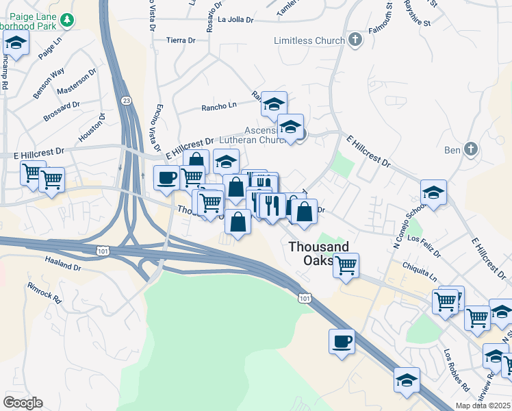 map of restaurants, bars, coffee shops, grocery stores, and more near 50 Maegan Place in Thousand Oaks
