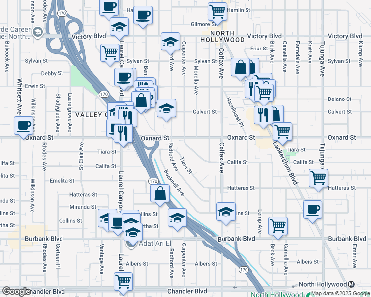 map of restaurants, bars, coffee shops, grocery stores, and more near 5962 Carpenter Avenue in Los Angeles