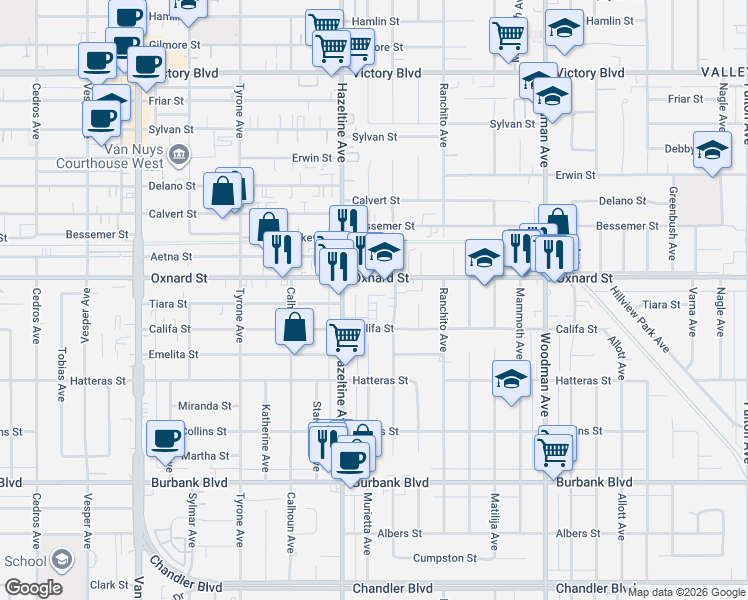 map of restaurants, bars, coffee shops, grocery stores, and more near 5934 Murietta Avenue in Los Angeles