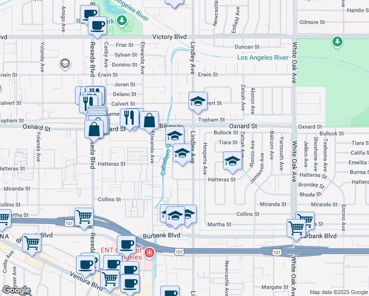 map of restaurants, bars, coffee shops, grocery stores, and more near 5955 Lindley Avenue in Los Angeles