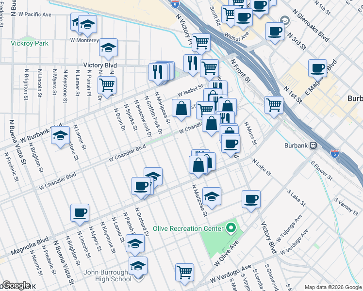 map of restaurants, bars, coffee shops, grocery stores, and more near 527 North Shelton Street in Burbank