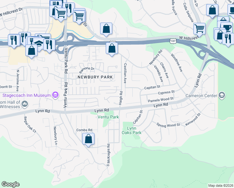 map of restaurants, bars, coffee shops, grocery stores, and more near 63 Castilian Court in Thousand Oaks