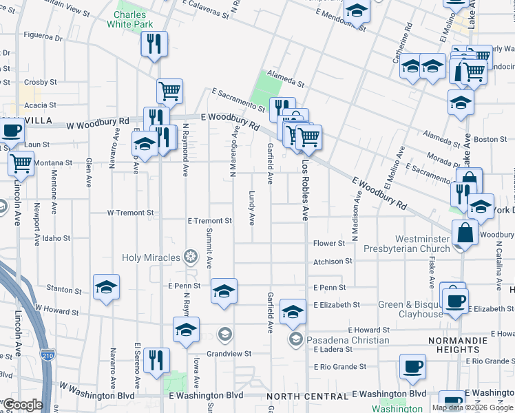 map of restaurants, bars, coffee shops, grocery stores, and more near 1900 Lundy Avenue in Pasadena