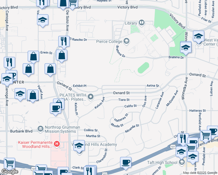 map of restaurants, bars, coffee shops, grocery stores, and more near 20610 Aetna Street in Los Angeles