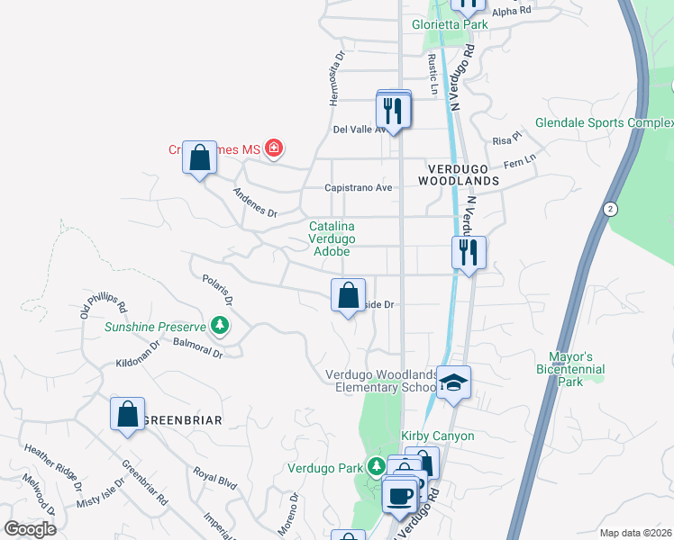 map of restaurants, bars, coffee shops, grocery stores, and more near 2101 Bonita Drive in Glendale