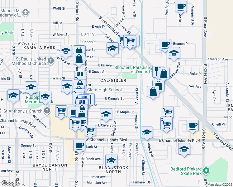 map of restaurants, bars, coffee shops, grocery stores, and more near 504 East Juniper Street in Oxnard