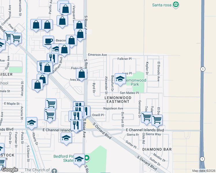 map of restaurants, bars, coffee shops, grocery stores, and more near 2100 Alexander Street in Oxnard
