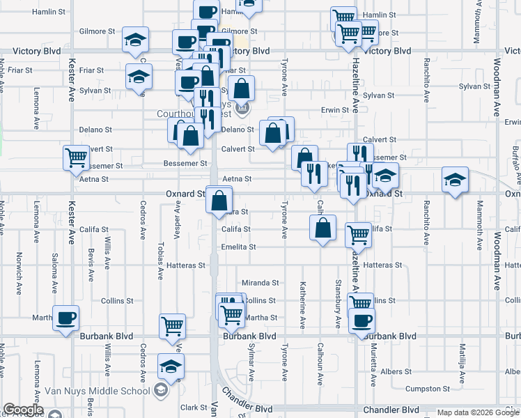 map of restaurants, bars, coffee shops, grocery stores, and more near 14343 Tiara Street in Los Angeles