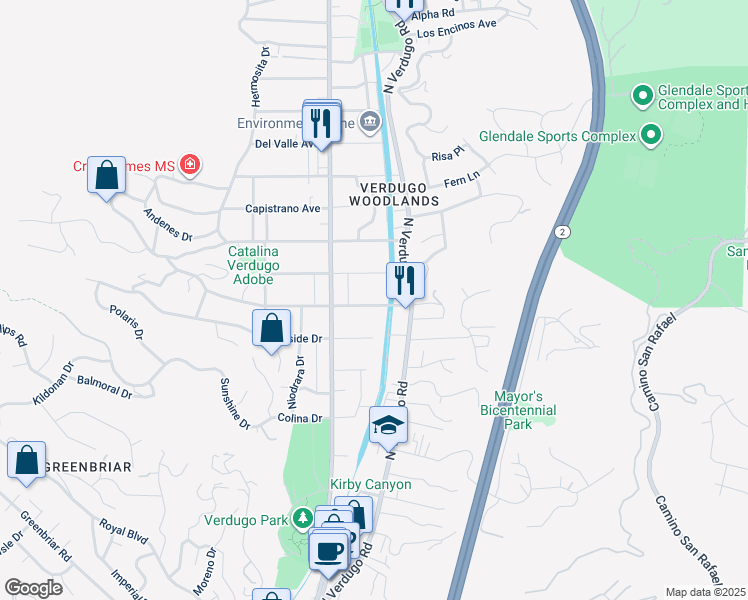 map of restaurants, bars, coffee shops, grocery stores, and more near 1741 Wabasso Way in Glendale