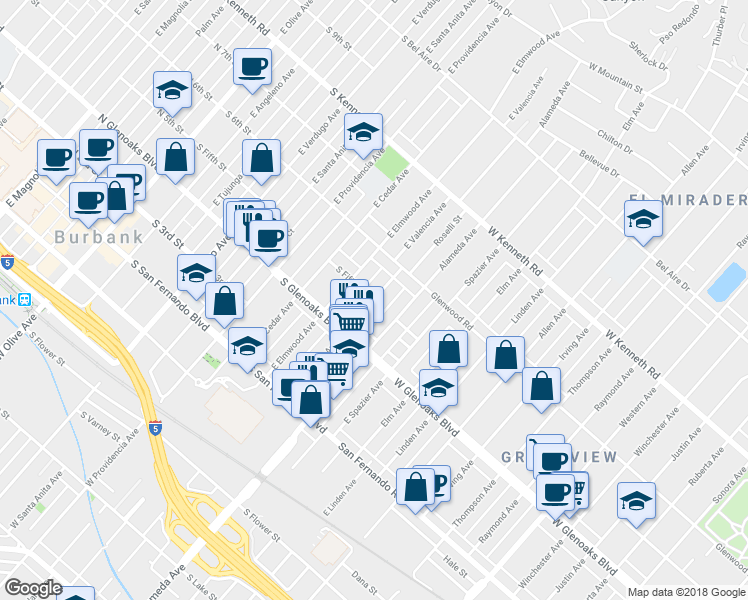 map of restaurants, bars, coffee shops, grocery stores, and more near East Valencia Avenue & South Fifth Street in Burbank