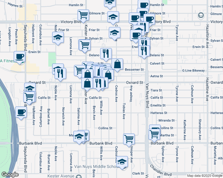 map of restaurants, bars, coffee shops, grocery stores, and more near 14700 Oxnard Street in Van Nuys