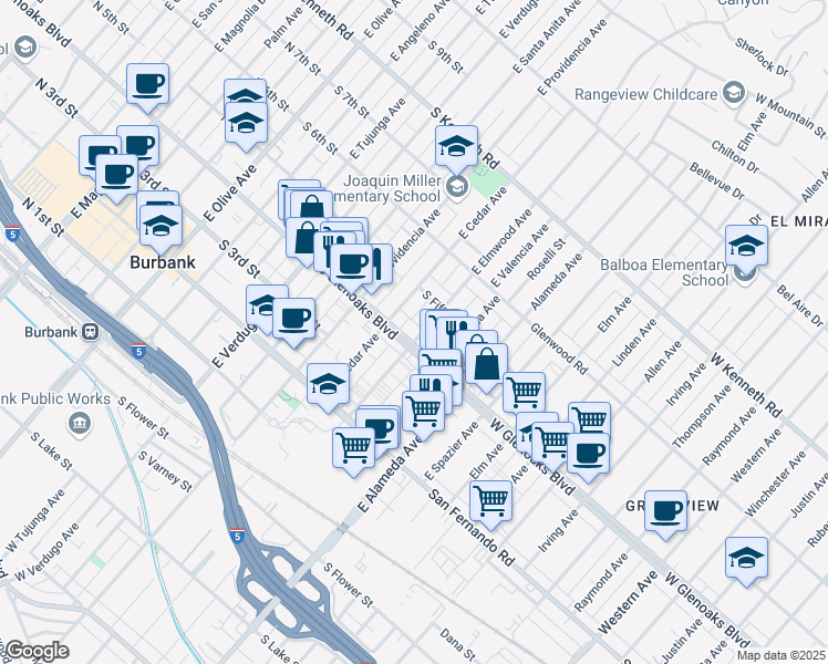map of restaurants, bars, coffee shops, grocery stores, and more near 724 South Glenoaks Boulevard in Burbank
