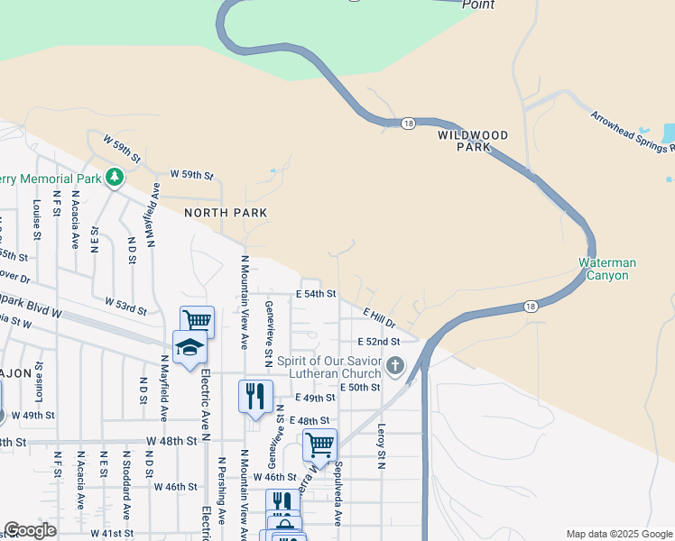 map of restaurants, bars, coffee shops, grocery stores, and more near South Sepulveda Avenue in San Bernardino