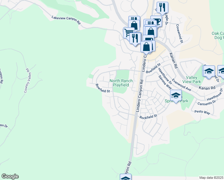map of restaurants, bars, coffee shops, grocery stores, and more near 910 Misty Canyon Avenue in Westlake Village