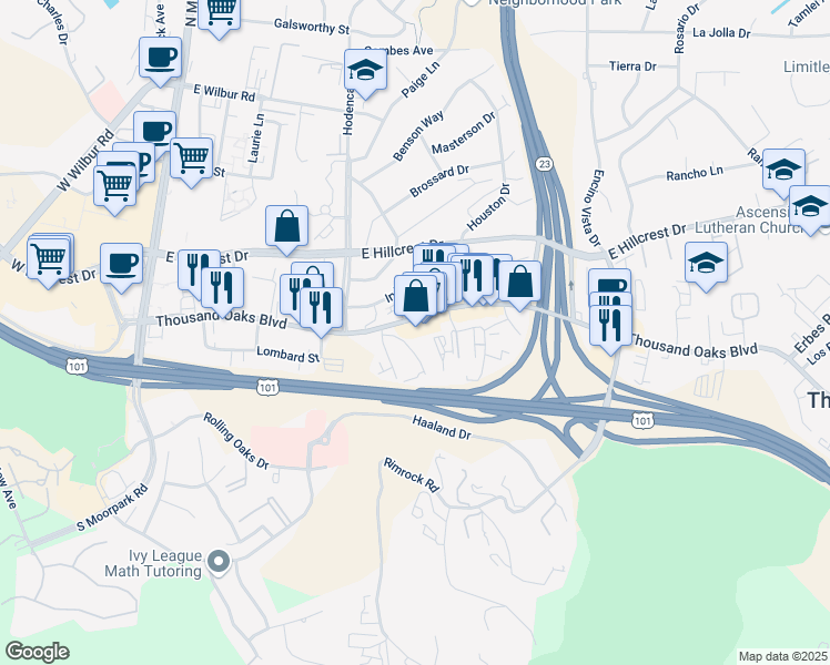map of restaurants, bars, coffee shops, grocery stores, and more near 666 Thousand Oaks Boulevard in Thousand Oaks