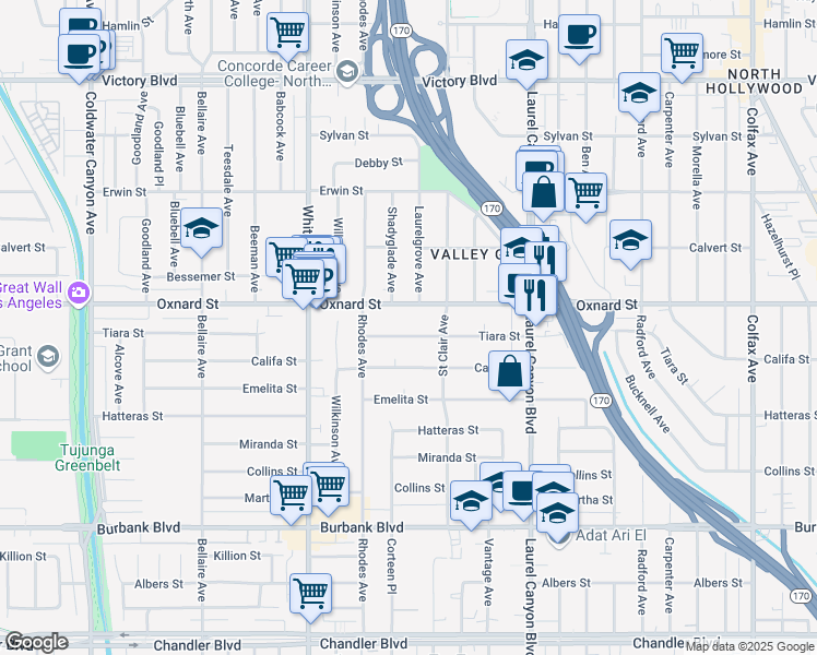map of restaurants, bars, coffee shops, grocery stores, and more near 12315 Tiara Street in Los Angeles