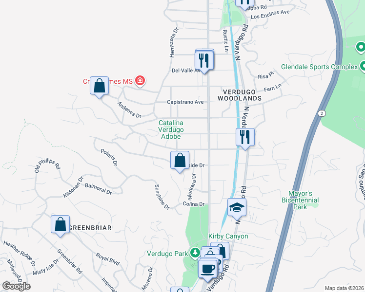 map of restaurants, bars, coffee shops, grocery stores, and more near 1609 Wabasso Way in Glendale