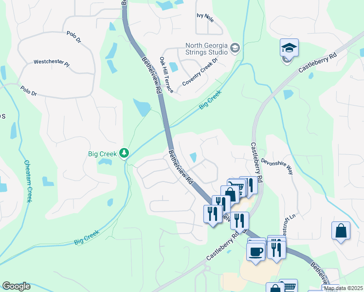 map of restaurants, bars, coffee shops, grocery stores, and more near 5480 Sandstone Court in Cumming
