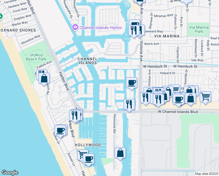 map of restaurants, bars, coffee shops, grocery stores, and more near 2231 Peninsula Road in Oxnard