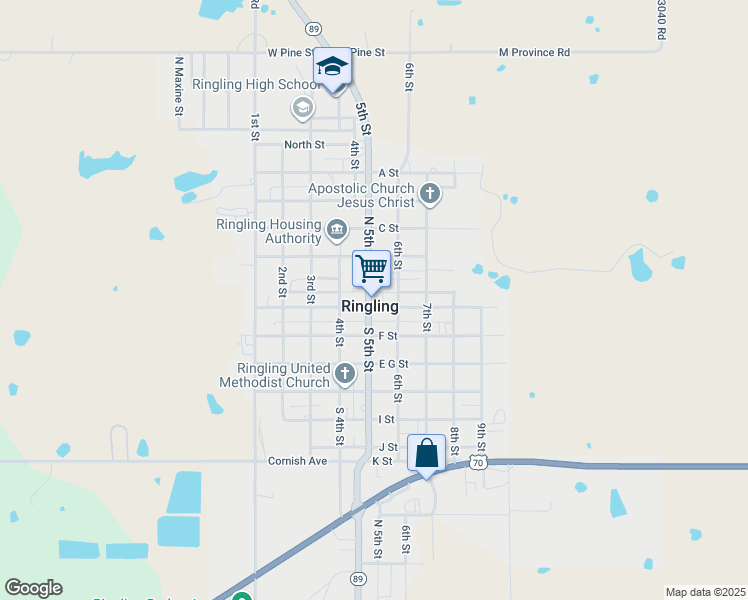 map of restaurants, bars, coffee shops, grocery stores, and more near 100 Main Street in Ringling