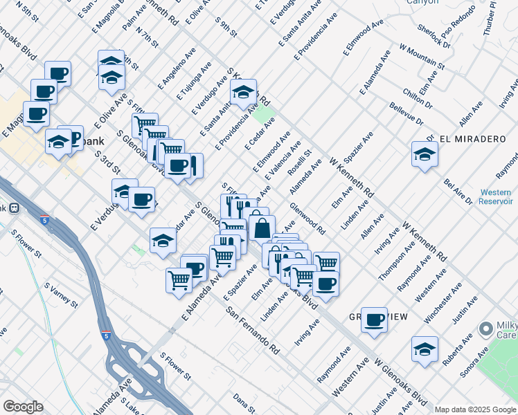 map of restaurants, bars, coffee shops, grocery stores, and more near 526 East Valencia Avenue in Burbank