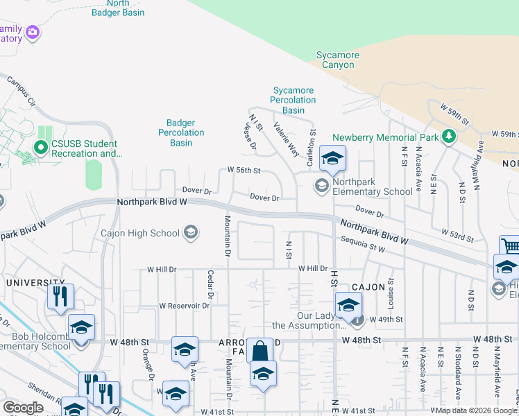 map of restaurants, bars, coffee shops, grocery stores, and more near 1022 Northpark Boulevard West in San Bernardino