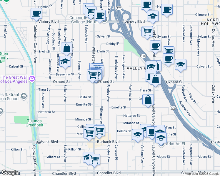 map of restaurants, bars, coffee shops, grocery stores, and more near 12348 Oxnard Street in Los Angeles
