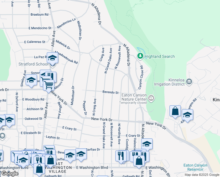 map of restaurants, bars, coffee shops, grocery stores, and more near 1891 North Roosevelt Avenue in Altadena