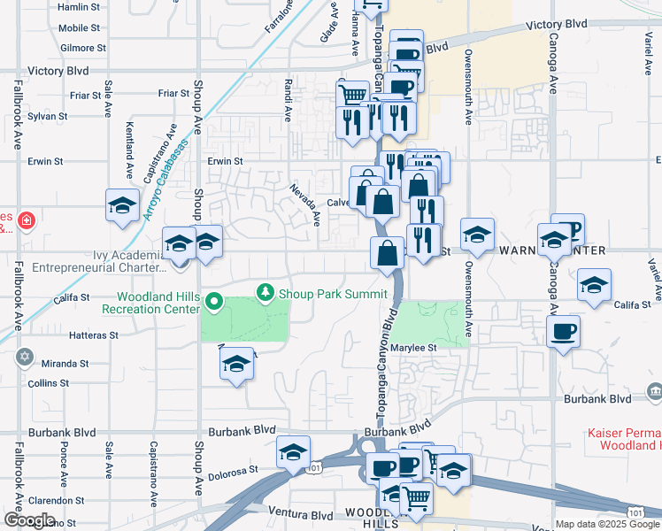 map of restaurants, bars, coffee shops, grocery stores, and more near 5925 Glade Avenue in Los Angeles