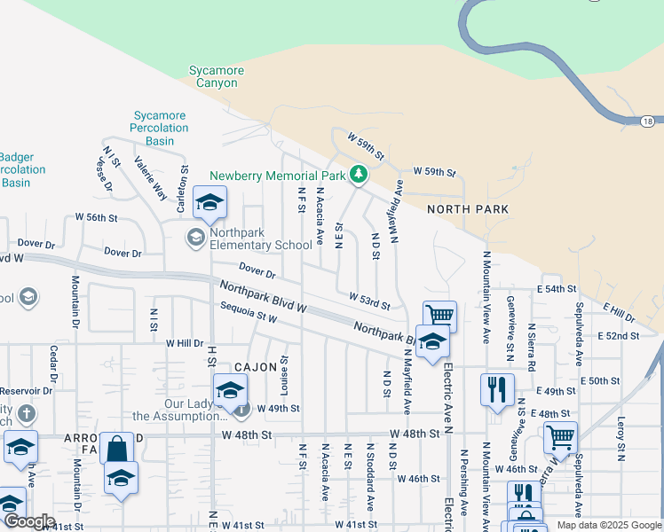 map of restaurants, bars, coffee shops, grocery stores, and more near 5404 North E Street in San Bernardino