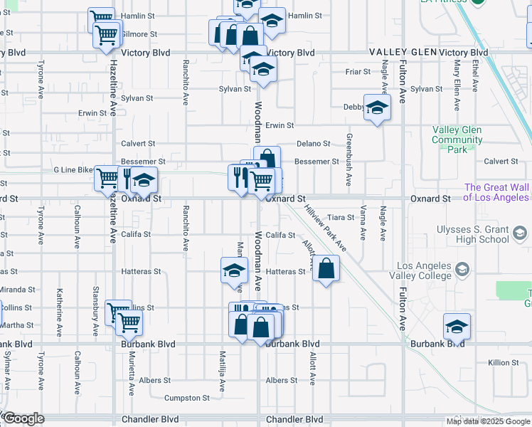 map of restaurants, bars, coffee shops, grocery stores, and more near 13674 Oxnard Street in Los Angeles