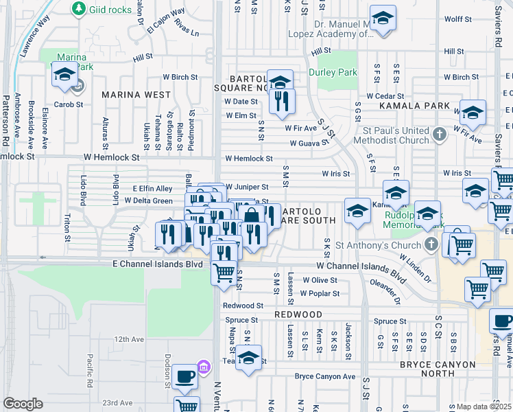 map of restaurants, bars, coffee shops, grocery stores, and more near 1310 West Kamala Street in Oxnard